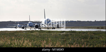 Berlin, Germany. 13th Sep, 2017. Aircrafts stand in line and wait for take-off clearance at Tegel Airport in Berlin, Germany, 13 September 2017. Credit: Paul Zinken/dpa/Alamy Live News Stock Photo