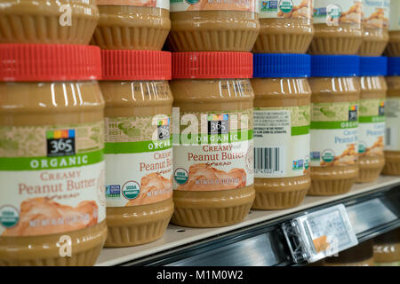 Brooklyn, New York, USA. 31st January, 2018. 365 brand organic peanut butter in the new Whole Foods' 365 Fort Greene in the Fort Greene neighborhood of Brooklyn in New York on opening day Wednesday, January 31, 2018. Located near the Barclays Center the 30,000 square-foot store, their first on the East Coast, is a lower-cost alternative Whole Foods Market selling their 365 brand as well as merchandise from other food manufacturers. (Â© Richard B. Levine) Credit: Richard Levine/Alamy Live News Stock Photo