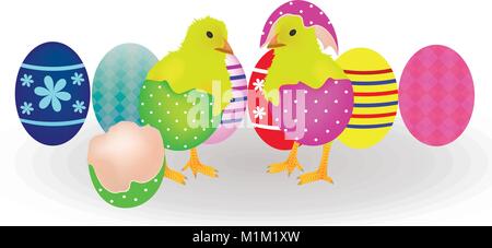Two chickens coming from Easter eggs, vector Stock Vector