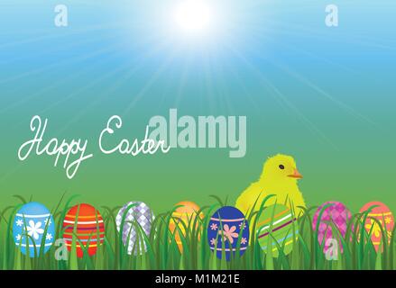 Chicken in the meadow with Easter eggs Stock Vector