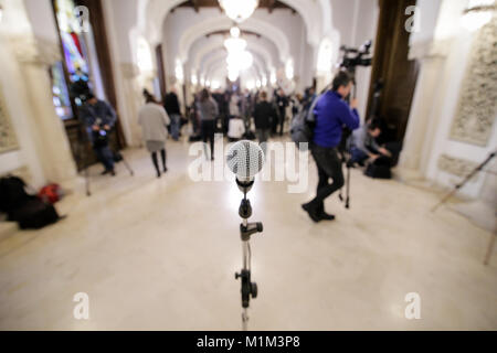 Closeup of microphone at a press conference Stock Photo