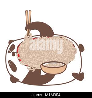Hungry kawaii panda laying down and eating noodles using sticks. Vector illustration. Stock Vector