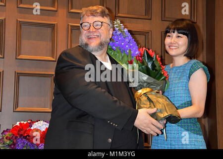 Guillermo del Toro and Rinko Kikuchi attend the 'The Shape of Water' press conference at Akasaka Prince Classic House on January 30, 2018 in Tokyo, Japan. Stock Photo