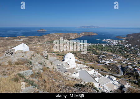 View over Livadi Bay and white Greek Orthodox churches from top of Pano Chora, Serifos, Cyclades, Aegean Sea, Greek Islands, Greece, Europe Stock Photo