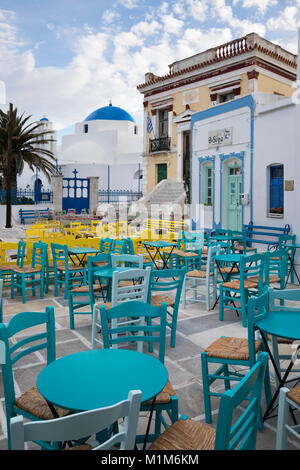Cafe tables and chairs in town square of Pano Chora, Serifos, Cyclades, Aegean Sea, Greek Islands, Greece, Europe Stock Photo
