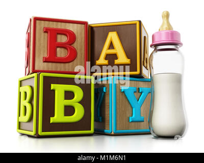 Baby cubes and feeding bottle isolated on white background. 3D illustration. Stock Photo