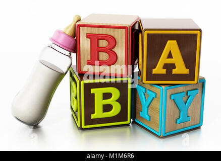 Baby cubes and feeding bottle isolated on white background. 3D illustration. Stock Photo