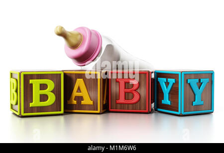 Baby cubes and feeding bottle isolated on white background. 3D illustration. Stock Photo