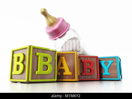 Baby cubes and feeding bottle isolated on white background. 3D illustration. Stock Photo