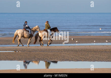 Elderly couple riding horseback on sandy beach along the North Sea coast on a cold day in winter Stock Photo
