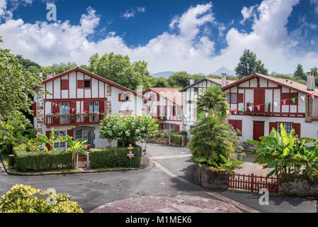 Traditional Labourdine houses in the village of Ainhoa, Basque country, France Stock Photo
