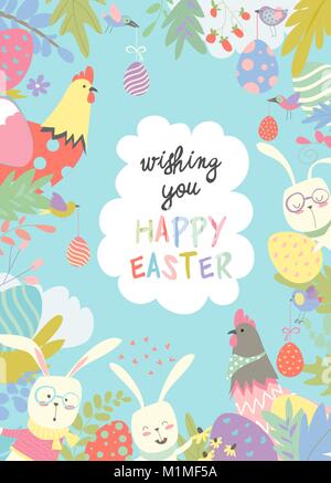 Cute frame composed of Easter bunnies and easter egg Stock Vector