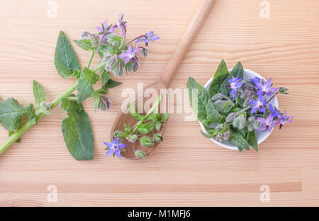 top view of Bowl and wooden spoon with Borage on a wooden background Stock Photo