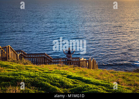 Father giving his son piggyback ride at Hallett Cove boarwalk while enjoying sunset, South Australia Stock Photo