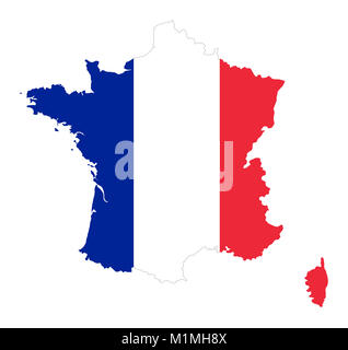 French Republic. Flag in silhouette of France. Country and borders as outline. The colors of the nation. Banner with blue, white and red stripes. Stock Photo