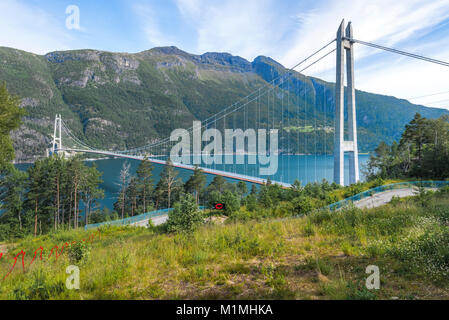 Hardanger Bridge over the Eidfjorden from above, fjord in Norway, suspension bridge Hardangerbrua, Hardangerfjord between Ullensvang and Ulvik Stock Photo