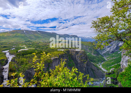 Waterfall Voringfossen with landscape and panorama view over the plateau and canyon of Mabodalen, Norway, Scandinavia, also Voringsfossen Stock Photo