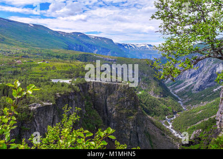 Waterfall Voringfossen and panorama view over the plateau and mountains and canyon of Mabodalen, Norway, Scandinavia, also Voringsfossen Stock Photo