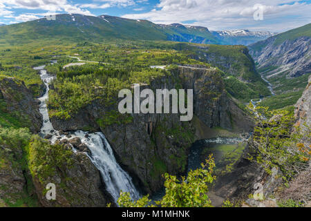 Waterfall Voringfossen and the canyon of Mabodalen, Norway, Scandinavia, also Voringsfossen, panorama with plateau and mountain chain Stock Photo