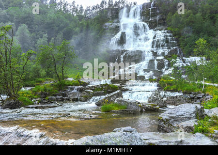 waterfall Tvindefossen, near Voss, Norway, Scandinavia, also called Tvinnefossen or Trollafossen Stock Photo