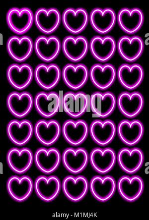 Bright Pink Neon Hearts On Plain Black Background Stock Vector