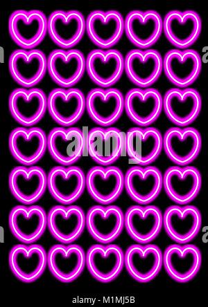 Bright Pink Neon Hearts On Plain Black Background Stock Vector