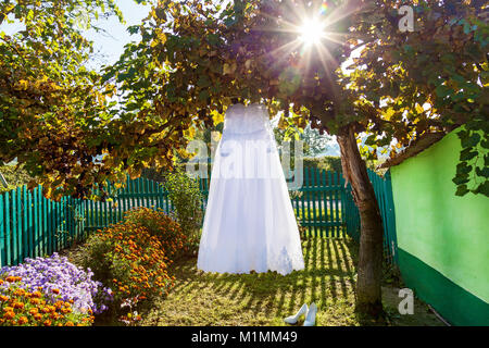 Wedding dress hanging on a tree near flowers. Wedding Dress. Stock Photo