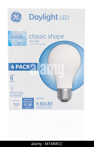 Winneconne, WI - 31 January 2018: A package GE daylight led light bulbs on an isolated background. Stock Photo