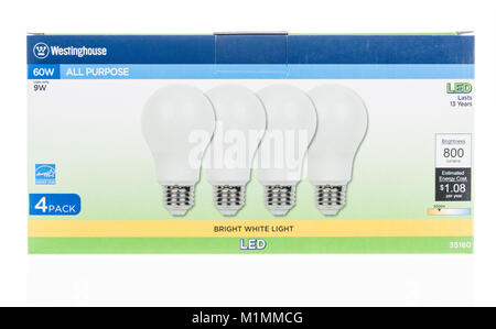 Winneconne, WI - 31 January 2018: A package Westinghouse bright white led light bulbs on an isolated background. Stock Photo