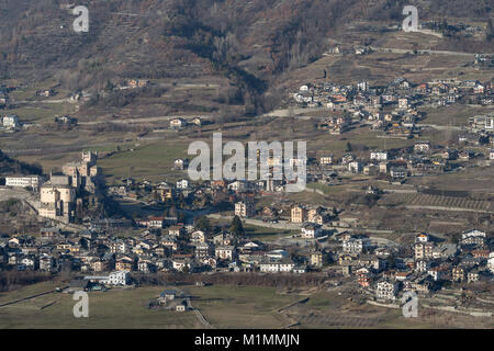 Elevated view of Saint-Pierre hillside neighbourhood, Aosta Valley region, Italy Stock Photo