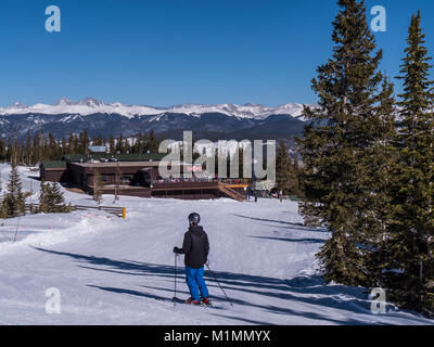 The Overlook day lodge and restaurant atop Peak 9, Breckenridge Ski Resort, Breckenridge, Colorado. Stock Photo