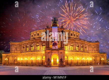 The Semper Opera, are decorated with flags, on Theater Square, fireworks, Dresden, Saxony State, Germany, Europe, Semperoper, beflaggt, am Theaterplat Stock Photo
