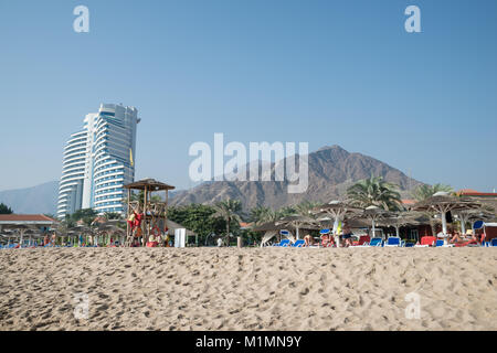 Meridien hotel seend from Fujairah Rotana hotel's beach, Al Aqah Beach, Fujairah, United Arab Emirates Stock Photo