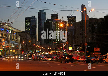 MOSCOW, RUSSIA - JUNE 05, 2013: Business centre Moscow-city in the evening from Bolshaya Dorogomilovskaya Street, Moscow, Russia Stock Photo