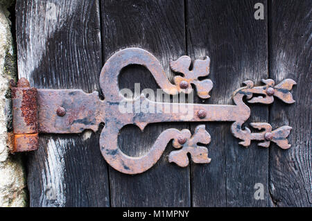 An old wooden medieval door with ornate hinges - John Gollop Stock Photo