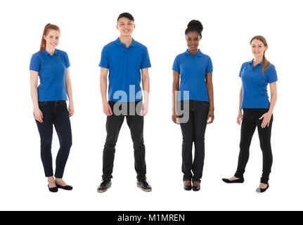 Portrait Of Multiracial Janitors Over White Background Stock Photo