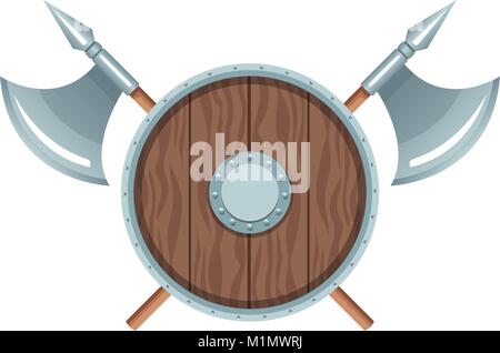 wooden round shield with axes Stock Vector