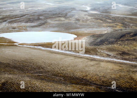 Arctic (cold) desert. Vegetation hides only on protected from wind territories if excess moisture. Polar bears have karst lake. Novaya Zemlya Archipel Stock Photo