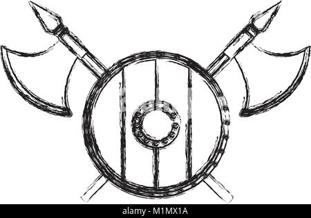 wooden round shield with axes Stock Vector