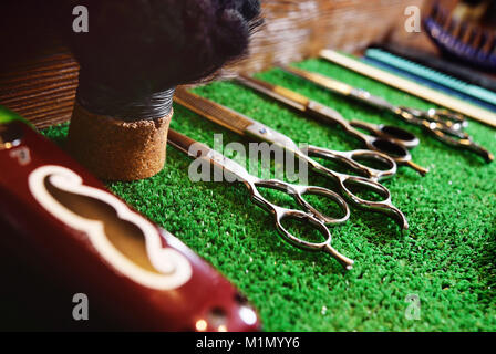 scissors for cutting on a green mat in barbershop Stock Photo