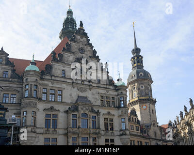 Close-up upper part of George Gate building and Hausmannsturm tower from Slossplatz square towards Chiaverigasse Street in Dresden, Saxony, Germany. Stock Photo