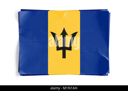 Realistic illustration of Barbados flag on torned, wrinkled, dirty, grunge paper poster. Three of them on top of eachother. 3D rendering. Stock Photo