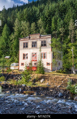 City Hall, 1900, Carpenter Creek in ghost town of Sandon, Silvery Slocan mining region, near Kaslo, West Kootenay Region, British Columbia, Canada Stock Photo