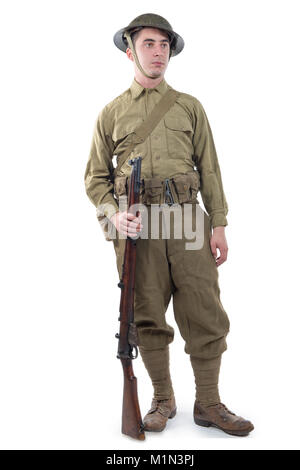 WW1 British Army Soldier from France 1918, isolated on white background Stock Photo