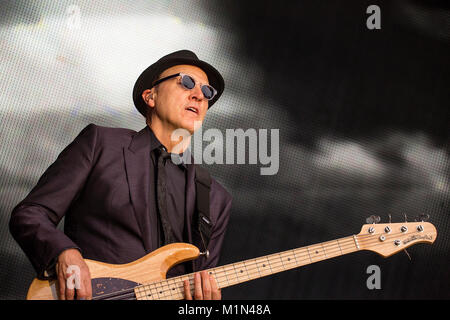 The English singer, songwriter and composer Sir Elton John performs a live concert with his band at Koengen in Bergen. Here musician Matt Bissonette on bass is seen live on stage. Norway, 03/07 2015. Stock Photo