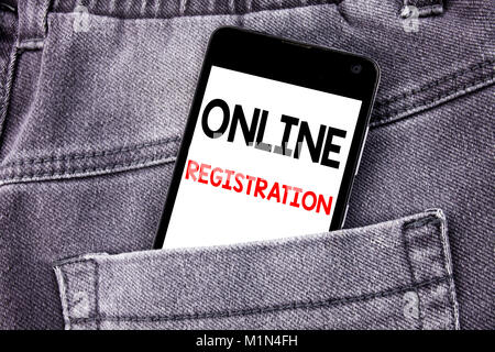 Conceptual hand writing text caption showing Online Registration. Business concept for Internet Login written mobile cell phone with space in the back Stock Photo