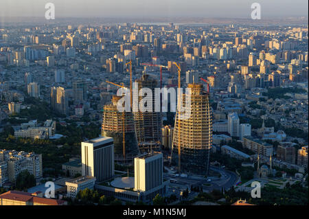 Baku, Azerbaijan 2010. The Flame Towers under construction. Stock Photo