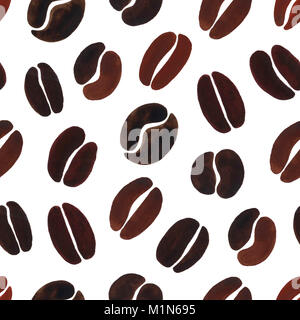Brown coffee beans on white background. Hand painted watercolor pattern. Simple coffee silhouette. Seamless illustration. Stock Photo