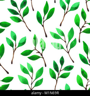 Green leaves and branches isolated on white background. Hand painted seamless pattern. Watercolor background. Stock Photo