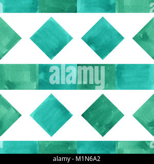 Hand painted green rhombus. Watercolor seamless pattern. Stock Photo